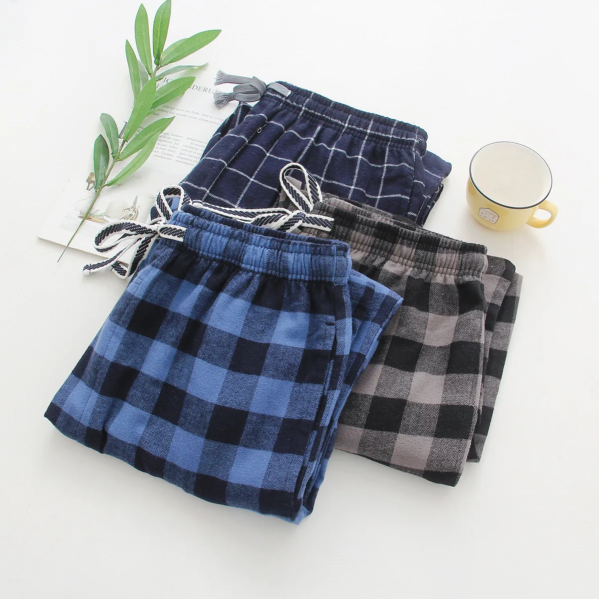 Spring Autumn Men 100% Cotton Sleep Bottoms Male Plus Size Lounge Nightwear Trousers Men Casual Loose Plaid Home Pants