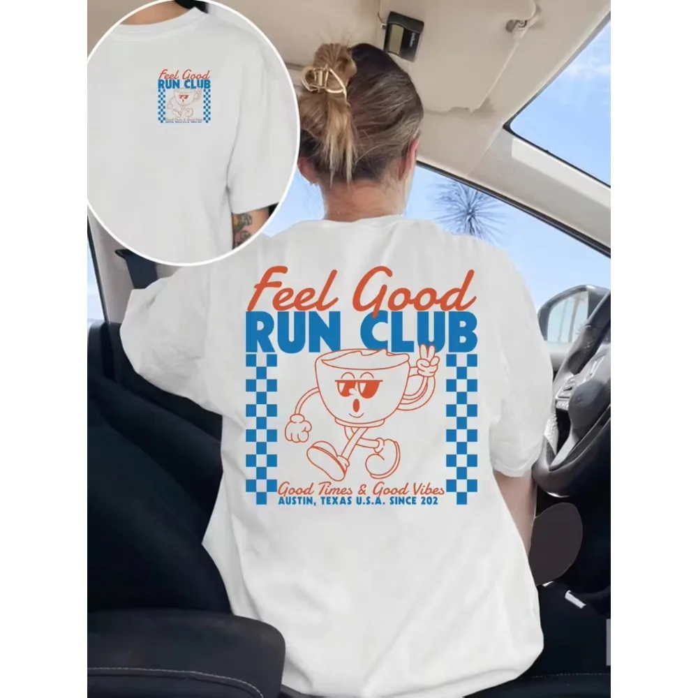 Feel Good Run Club Retro Coffee Mascot Graphic T-Shirt Casual Short Sleeve Crew Neck Tops Trendy Summer Daily Wear Tee for Women