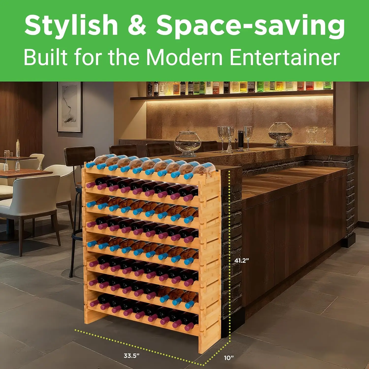 Stackable Bamboo Wine Rack, 72 Bottle Capacity, 8-Tier Modular Shelf, Easy No-Tool Assembly for Kitchen or Bar Storage