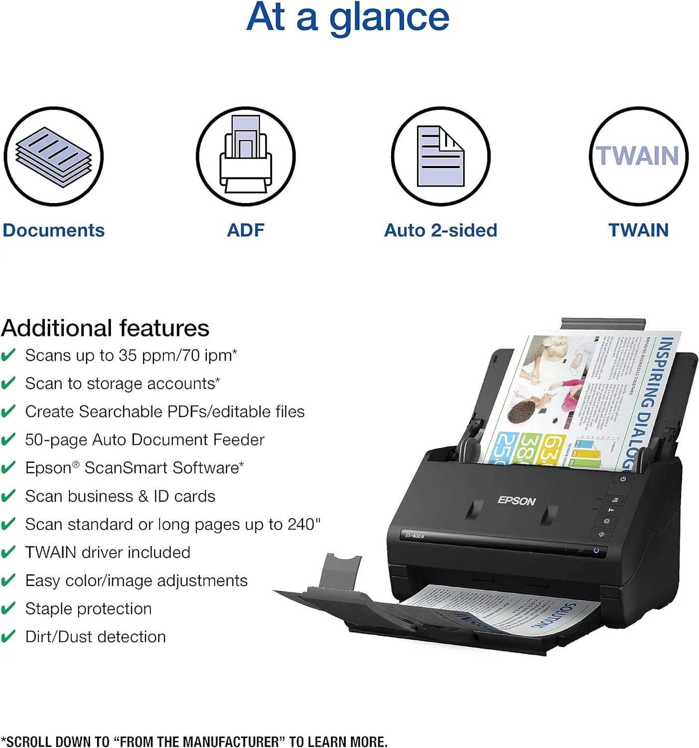 Epson Workforce ES-400 II Color Duplex Desktop Document Scanner for PC and Mac, with Auto Document Feeder (ADF)