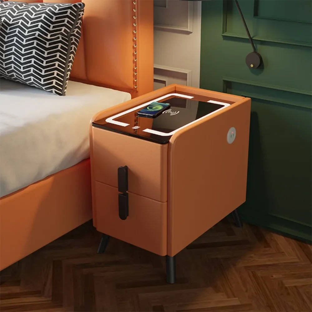 Smart Bedside Table with Wireless Charger Narrow Smart LED Nightstands Solid Wood Bedside Cabinet Fingerprint Lock Bedside Table