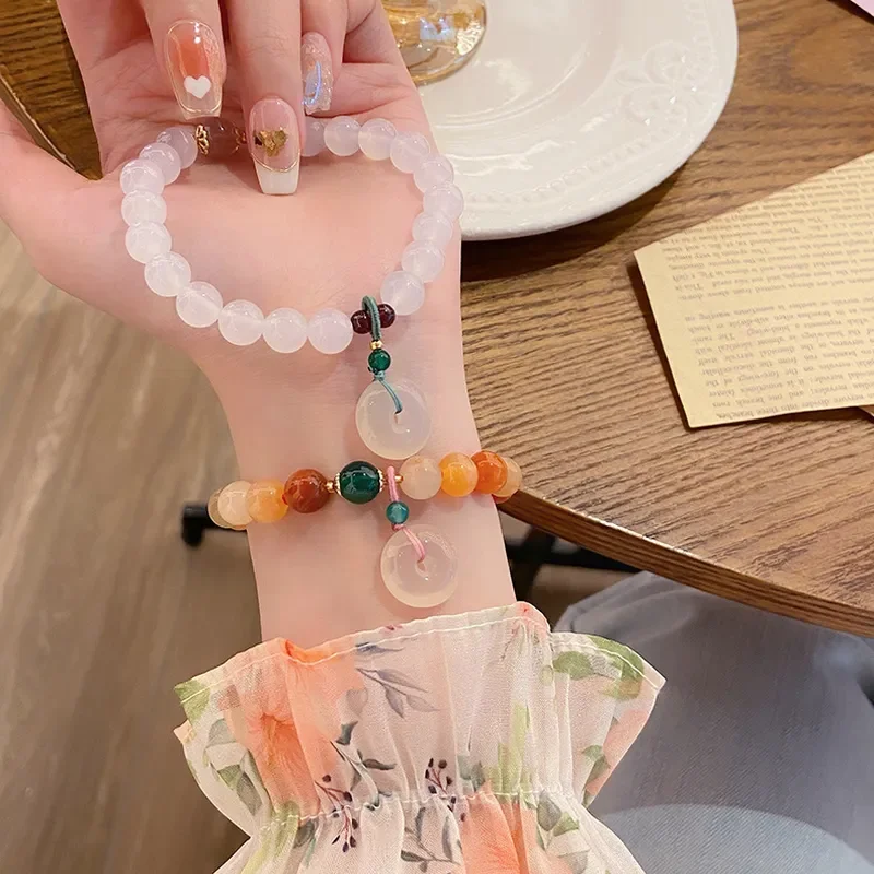 Yingrun Kang'an~ Super Immortal Sweet Princess Style White Agate Safety Bracelet New Chinese Style Golden Silk Jade Bracelet