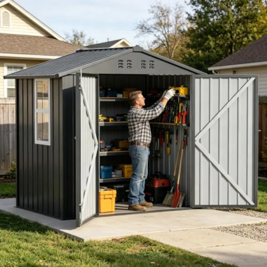 Outdoor Storage Shed with Window, Metal Lockable Garden Toolhouse, Ventilated Weather-Resistant Backyard Utility Workshop for S