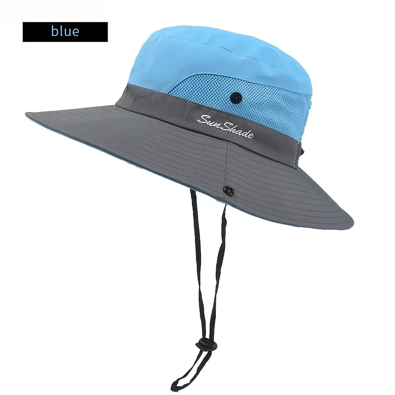 Zweifarbiger Damen-Sonnenhut mit Pferdeschwanzloch – atmungsaktives Mesh, wasserdicht, breite Krempe, für Strand und Angeln für Frühling, Sommer – Detail 6