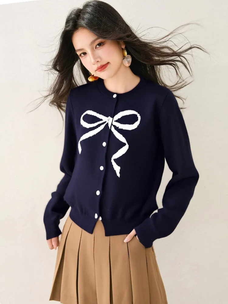 

2025 Soft O Neck Sweater Knitted Cardigan Coat Women's Autumn Japanese Korean Style Long Sleeve Bow Printed Knitwear Tops Ladies
