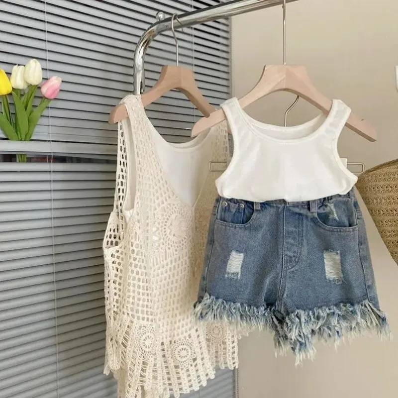 Teenage Girls' Clothing Set Summer Children's Cowboy Shorts 3-piece Set Vintage Tank Top Thin Outwear Design Set