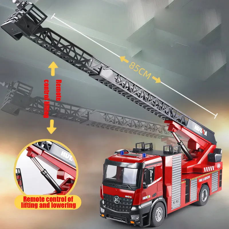 HUINA 1561 1/14 RC Fire Engine Sprinkler Aerial Ladder Truck 22 CH Model Engineering Car Spray Water Lighting Kids Toys