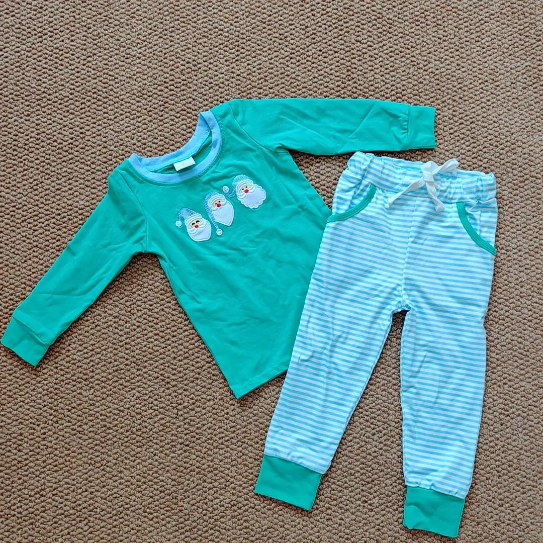 

9.16 Autumn Wholesale Western Boutique children Embroidery Santa Baby Boys Green Top Stripe Pockets Legging Christmas Set