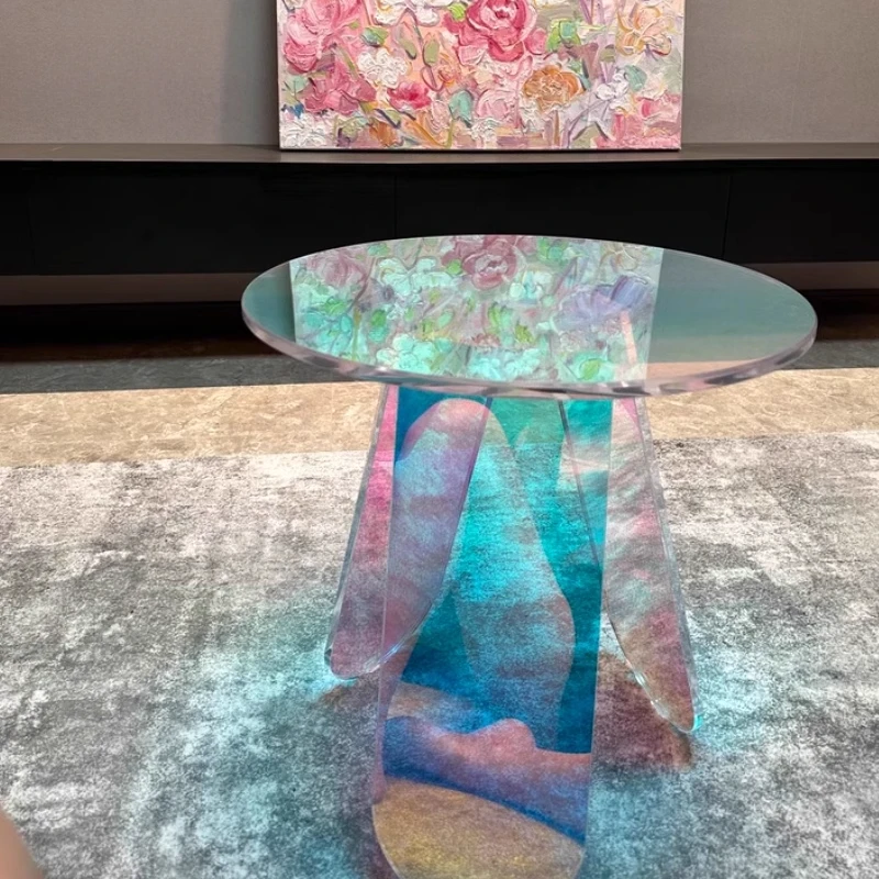 

Acrylic Colorful Bedroom Bedside Sofa Table Lounge Light Luxury Rainbow Small Coffee Round Corner Balcony Living Room Furniture