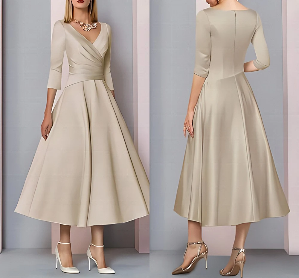 Elegante vestido de satén de línea A para madre de la novia, cuello en V, fruncido, plisado, Formal, de noche, manga 3/4, hasta el tobillo, para invitados de boda