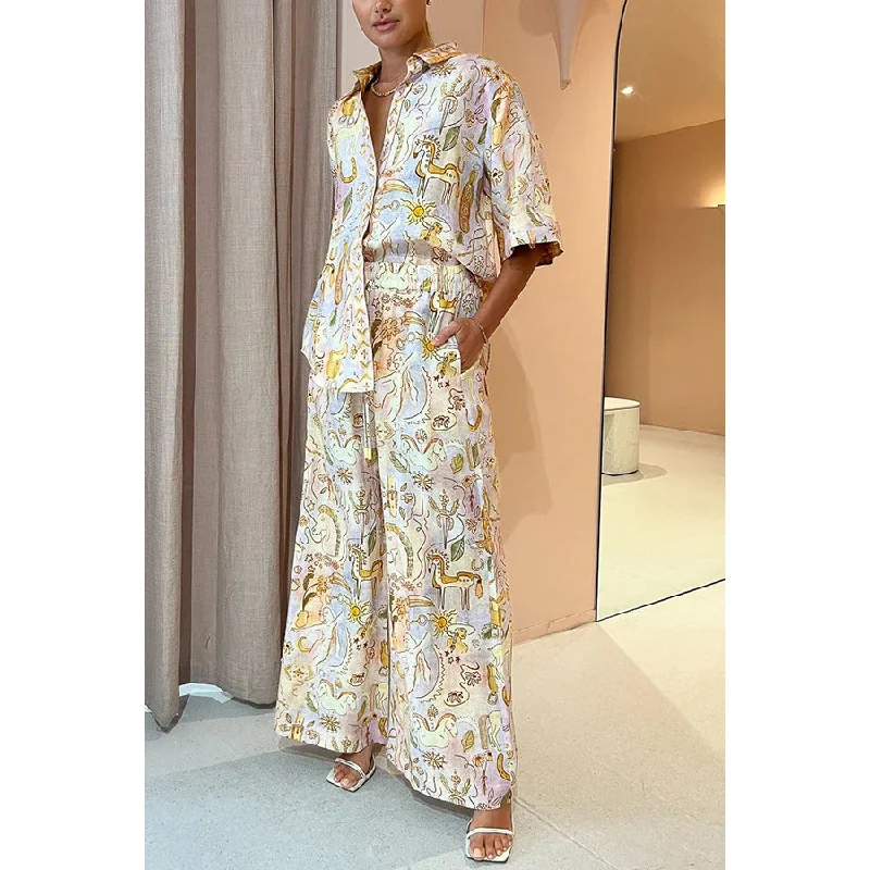 Women Printed Set Half Sleeves Buttons Shirt Blouse Top Pockets Loose Long Pants 2 Pieces Set Lady Spring Summer Casual Outfits