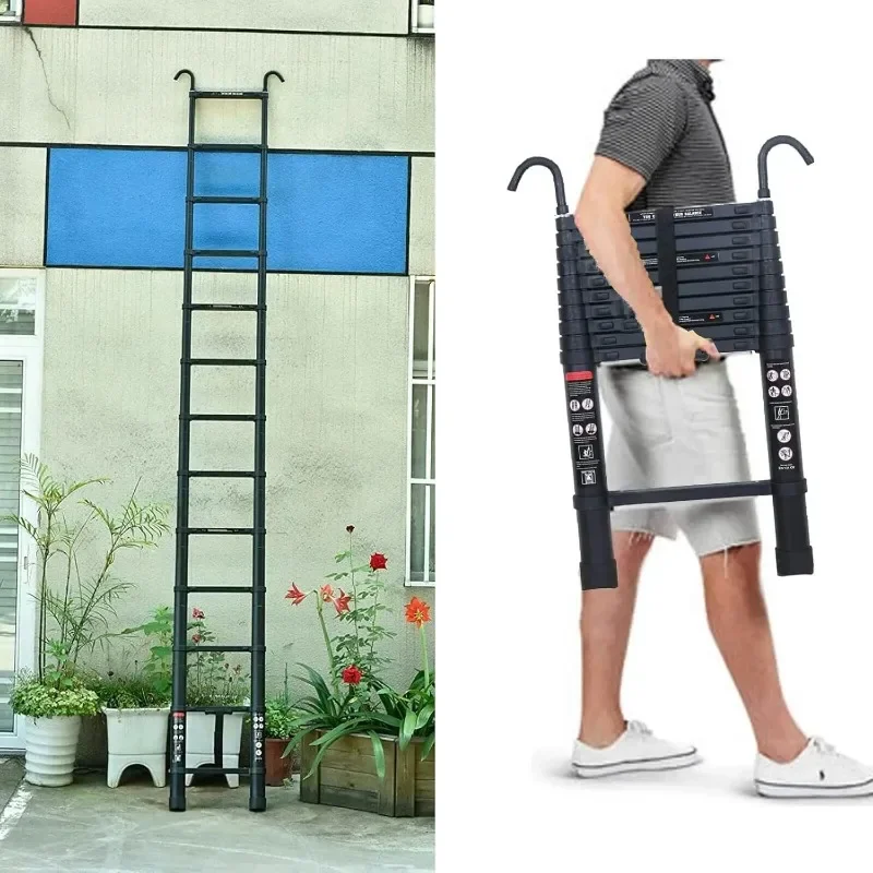Escalera telescópica de aluminio de 12 pies con 2 ganchos de techo desmontables (2,8 pulgadas), escalera de extensión telescópica liviana para el hogar
