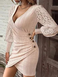 Women Sexy Bodycon Mini Dress Autumn V-Neck Long Sleeve Cable Textured Lace Patch Ruched Button Decor High Waist Wrap Hip Dress
