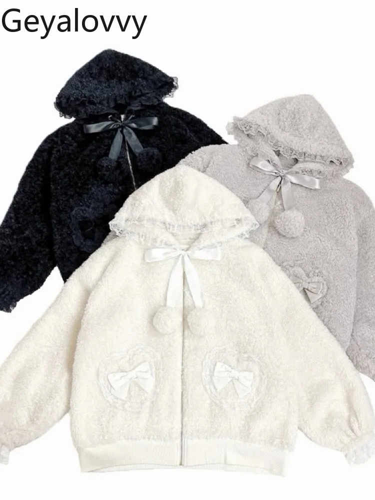 

Winter New Furry Ball Plush Solid Color Bow Zipper Versatile Jacket Mass-Produced Sweet Cute Girls Hooded Thick Coat
