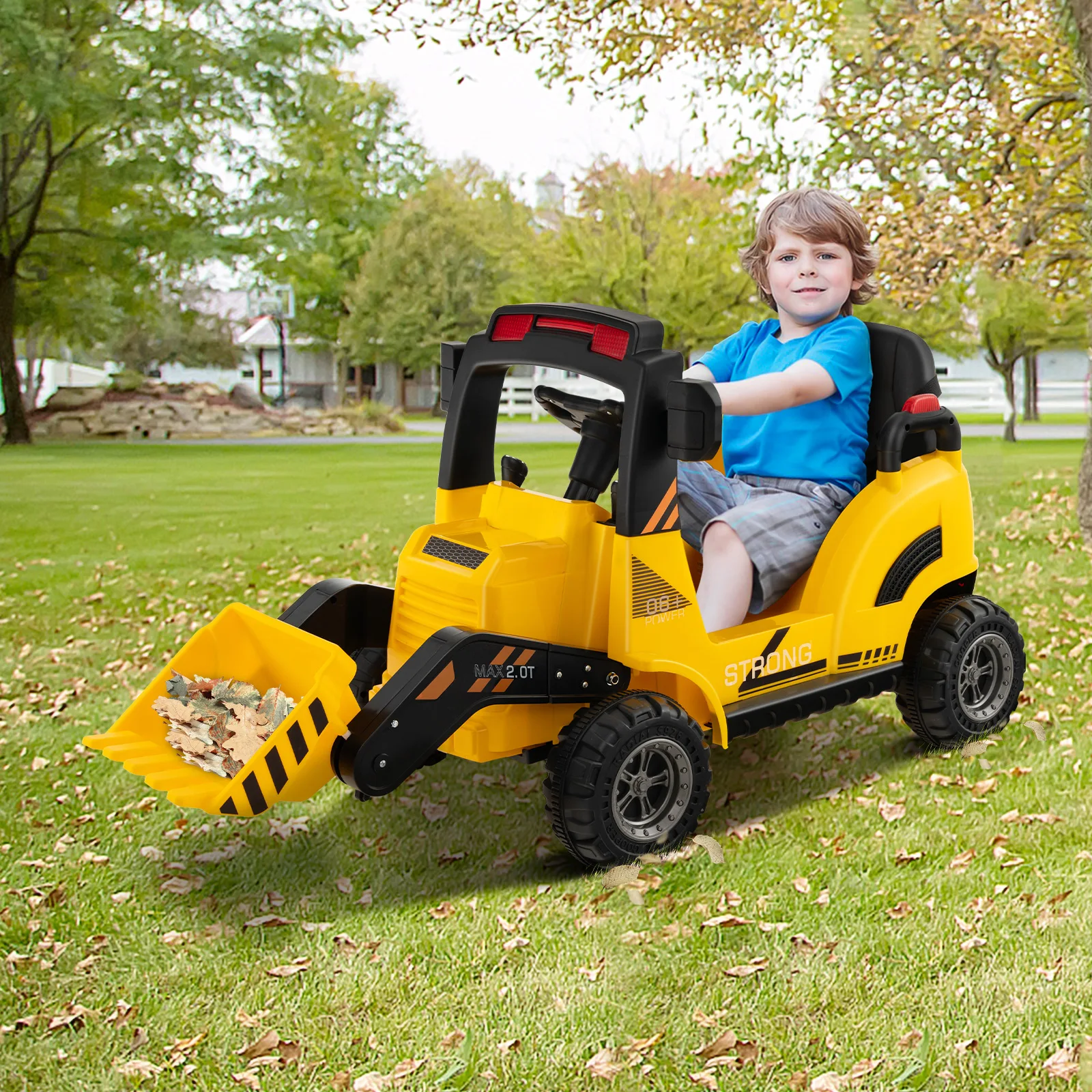 12V Kinderen Rijden Op Bouw Tractor W/Hoorn & Muziek & Staart Led Lichten Geel