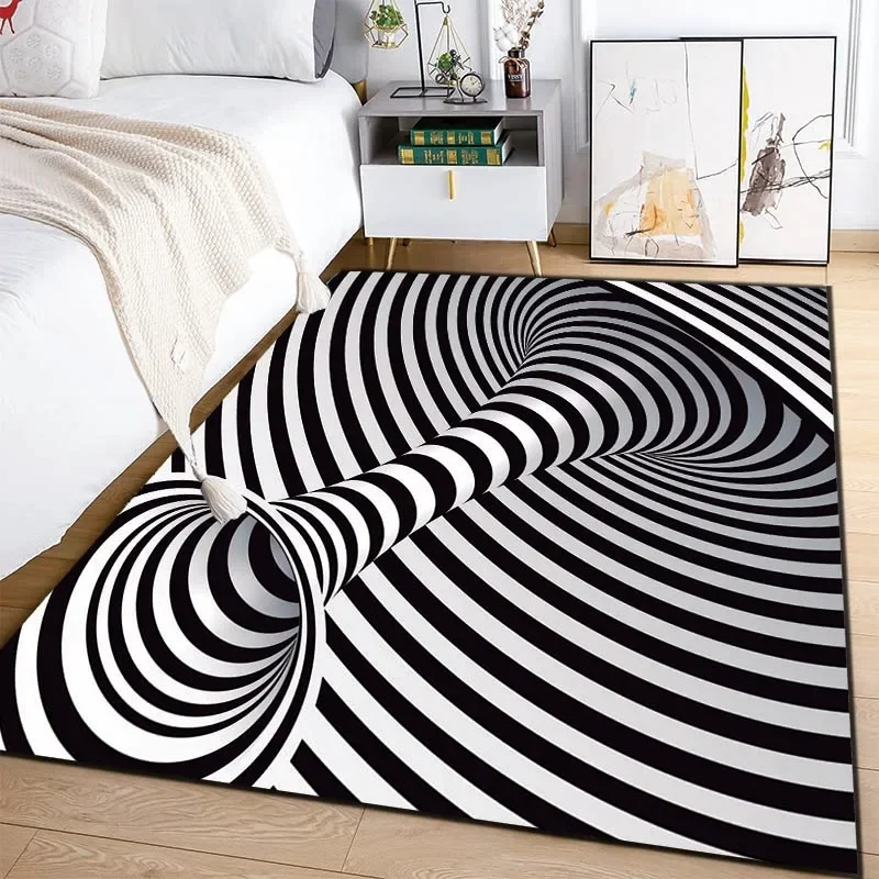 3D Vortex Illusion Black and White Rug for Bedroom Floor Mat Abstract Geometric Optical Vertigo Carpet Non-slip Livingroom Decor