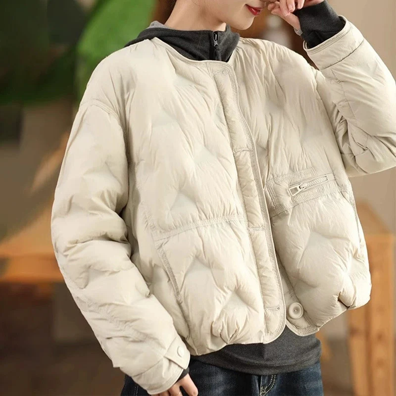 Schinteon 여성용 화이트 덕 다운 재킷 칼라리스 빈티지 가을 겨울 아우터 루즈 캐주얼 따뜻한 탑 2025 신상 코트