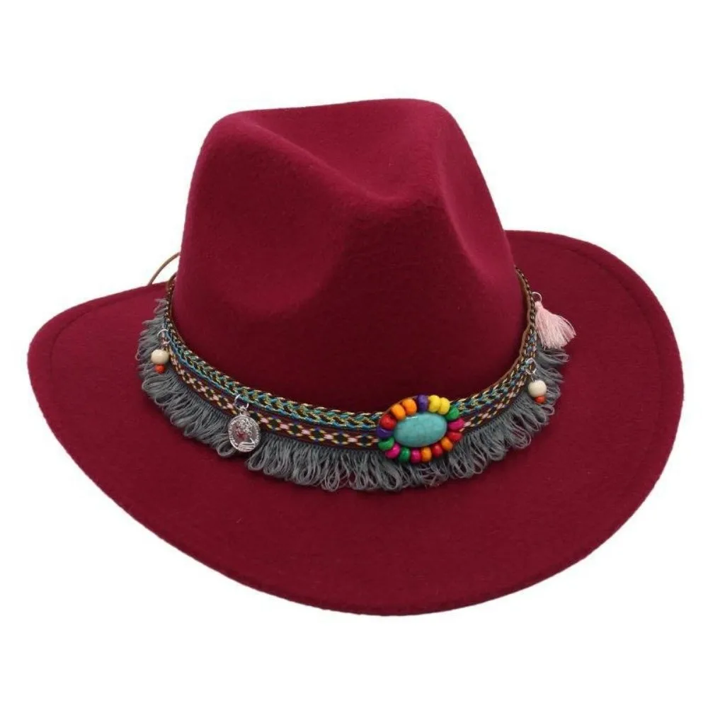 

Ethnic Style Western Cowboy Hat with Tassels Solid Color Tibetan Style Top Hat Wide Brim Colorful Rope Roll Brim Cowgirl Cap