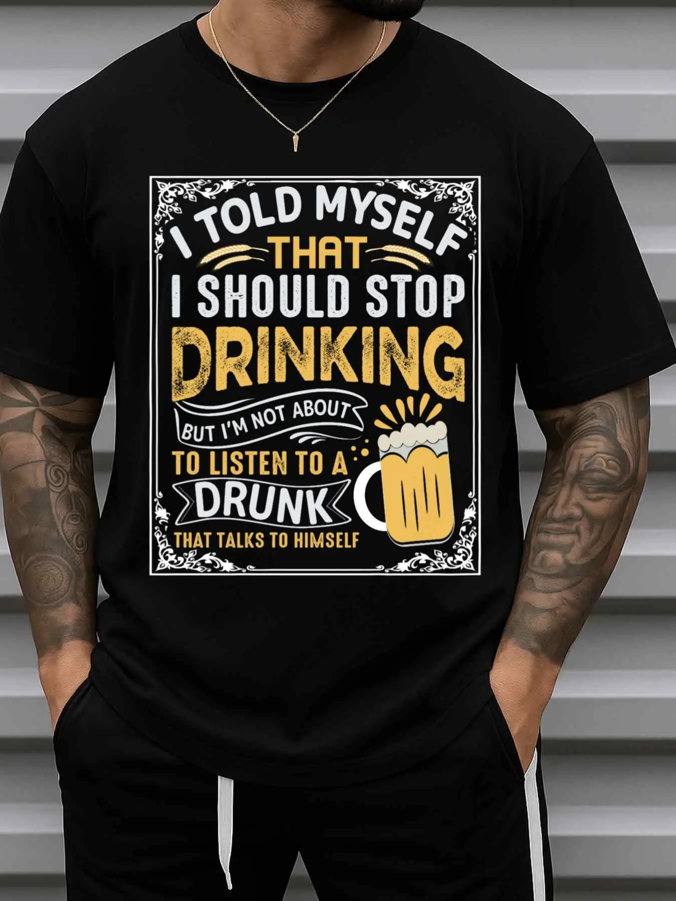 Drunk and Talking to Yourself Funny Humorous Solid Color Comfortable T-Shirt for Men Black New Spring and Autumn Trendy Printed T-Shirt Regular Fit, Daily Comfort, Casual Urban Style Retro Wife Christmas Gift