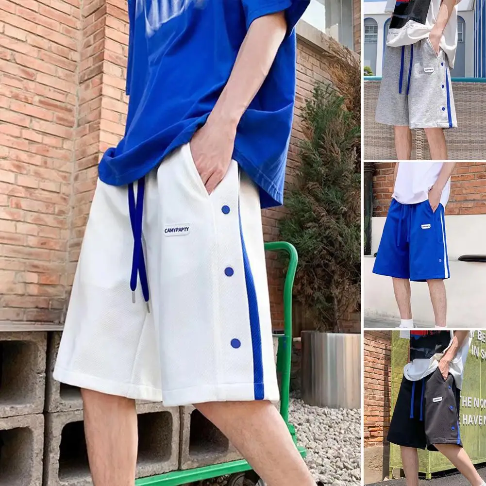 Men Casual Running Short Pants Drawstring Pockets Side Buttons Men Shorts Summer Basketball Fitness Short Sweatpants Streetwear