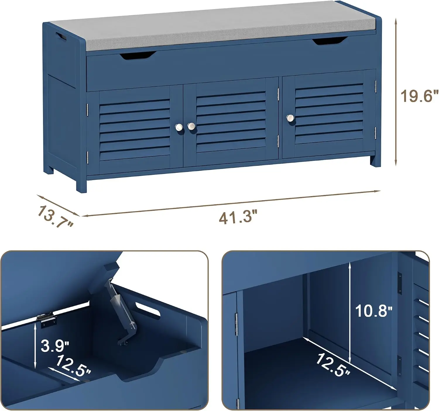 Entryway Shoe Storage Bench With Cushioned Padded Seat, Flip Top Hidden Organizer Chest With Adjustable Shelves And Three Storage Cubbies For Hallway Living Room, Classic Blue