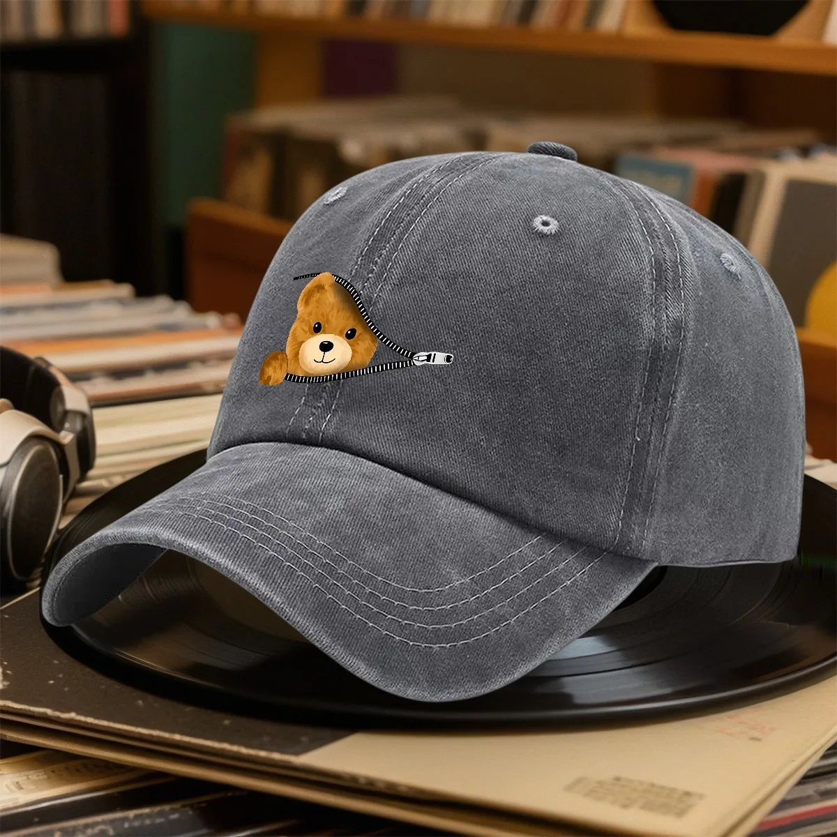 Cute Teddy Bear Zipper Hi Baseball Cap Sun Hat Hunting Hat Classic Lightweight Unisex Hiking Fashion Headwear Gift Choice Suitab