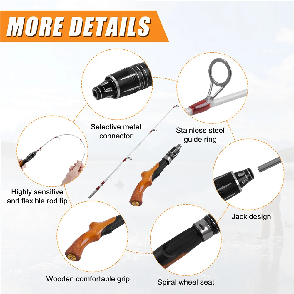 Outdoor Winter Ice Fishing Rod 57CM 2 Sections Wooden Handle Ice Fishing pole for Bass Trout Salmon ice jig bait fishing tackle