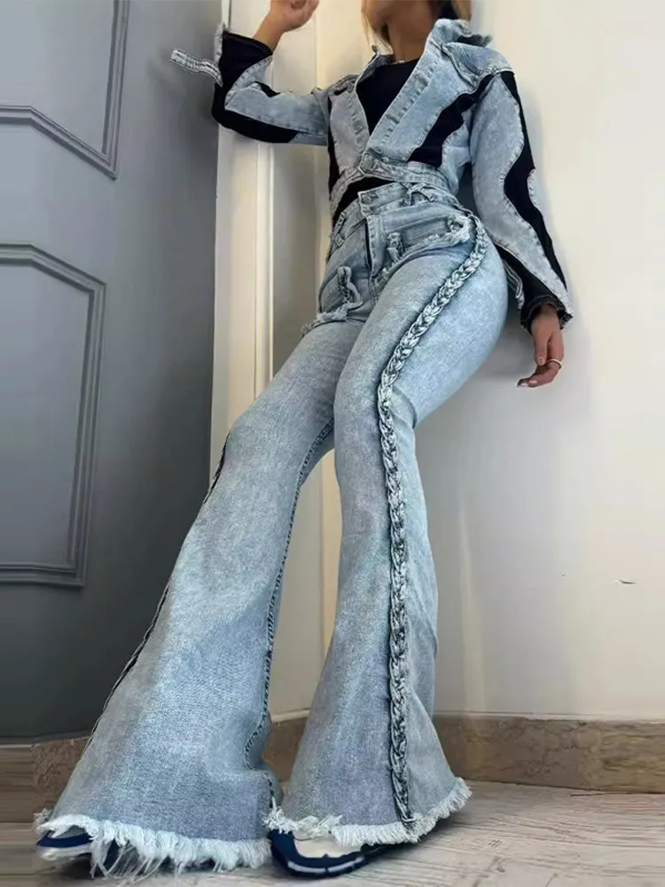 

Trendy Women's Tassel Flared Denim Jeans Pant High Rise Waist Skin Fit Pants Washed Blue Trousers Casual Daily Female Streetwear