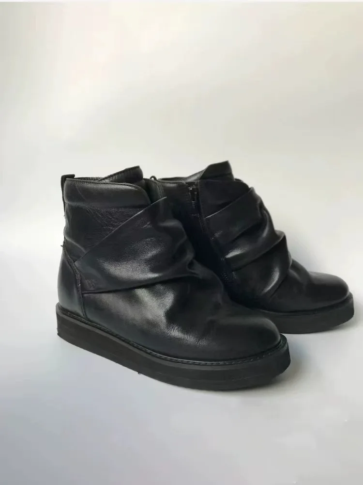 

New Men's Black Retro Dark Style Pleated Side Zipper Ankle Boots Round Toe Thick Sole High-Top Motorcycle Chelsea Boots