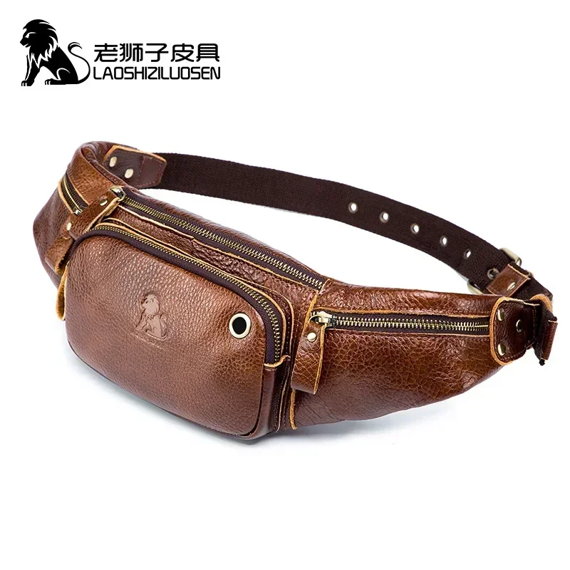 حقيبة خصر من الجلد الطبيعي للذكور ، حزمة فاني صغيرة ، حقيبة حزام ، حقيبة هاتف ، حقائب سفر ، علامة تجارية ،