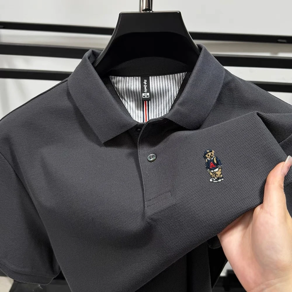 

100% pure cotton new brand hot selling men's short sleeved polo shirt summer trend teddy bear embroidery golf top casual T-shirt