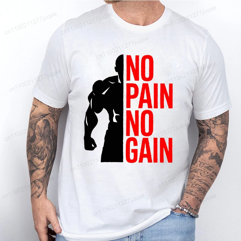 No Pain No Gain T Shirt Men Fitness Gym Graphic Print Short Sleeve O Neck Casual Streetwear Bodybuilding Sports Workout Tops