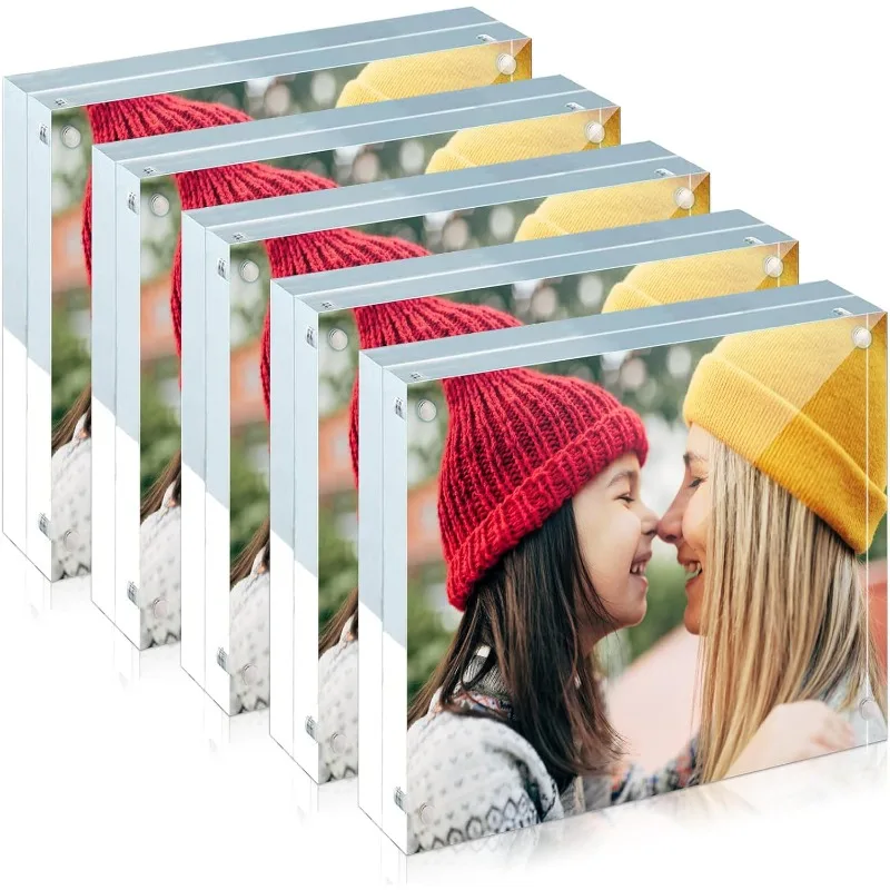 

5 Pack Acrylic Frame 5x5, 20% Thicker, 20mm Thick Frameless Clear Picture Frame, Double Sided Magnetic Photo Frame