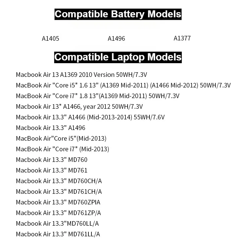 A1405 7200mAh New Laptop Battery for APPLE MACBOOK AIR 13.3 A1466 A1369 MD760LL/A MD761CH  MD761CH 2012-2017 Year A1496  A1377