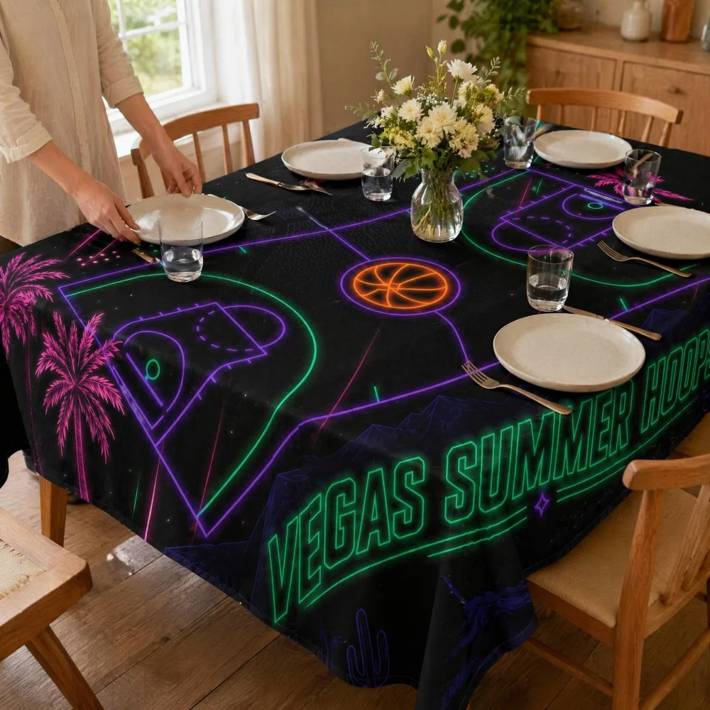 Summer Basketball Table Cloth Neon Light Line Art Table Cover Print Decorative Tablecloth for Basketball Fans Indoor Party