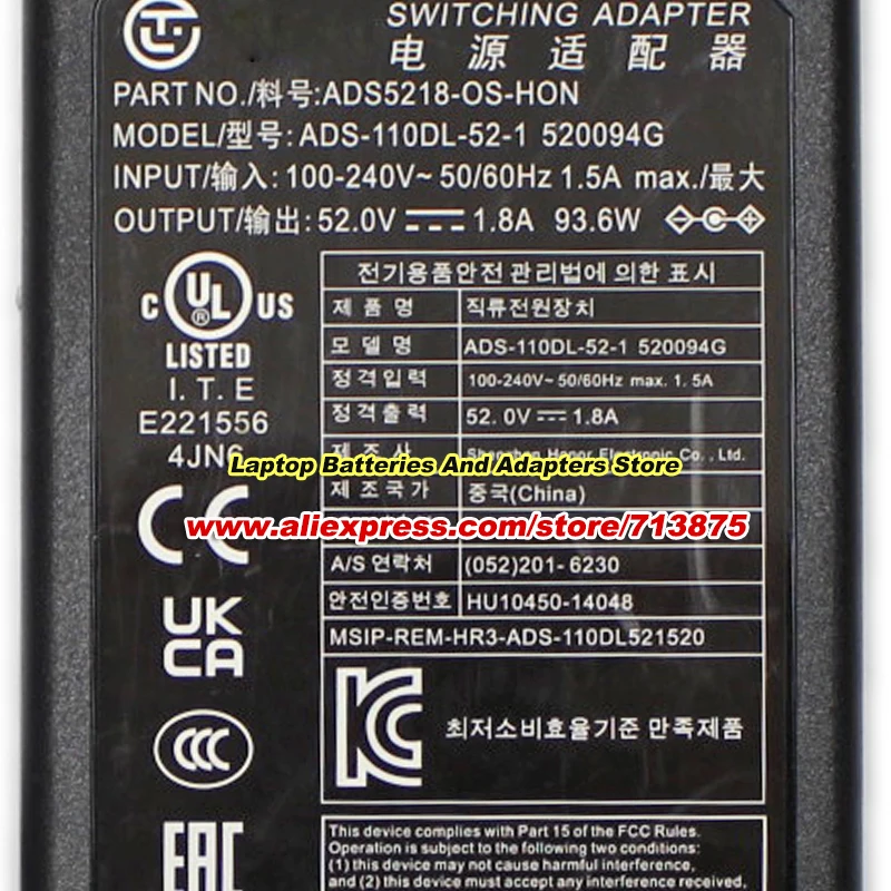 Genuine ADS5218-OS-HON AC Adapter ADS-110DL-52-1 520094G 52V 1.8A for NETWORK VIDEO RECORDER NVR301-16L-P8 with 7.4x5.0mm tip