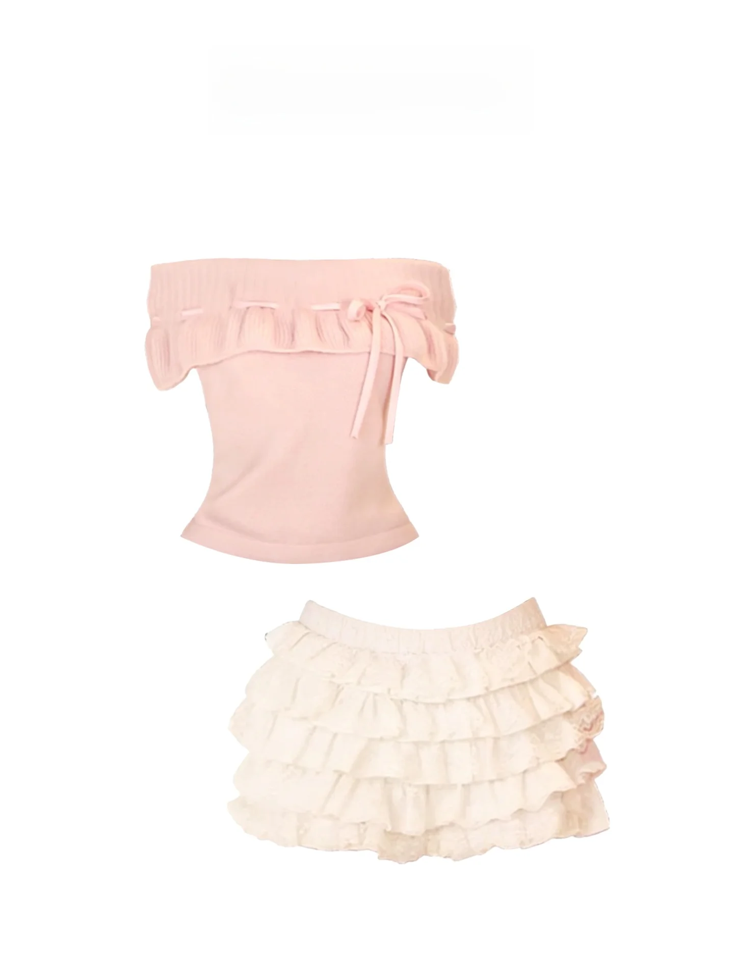 

HEZA Spring Summer Knitted f Skirt Set with oulder Bows Women's Faion plus Size Cake Sle Sweet Top Bot Ensemble