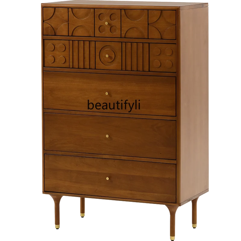 

Modern Minimalist Nordic Retro Style Bedroom Small Apartment Solid Wood Carving 5 Commode Side Cabinet Living Room Furniture