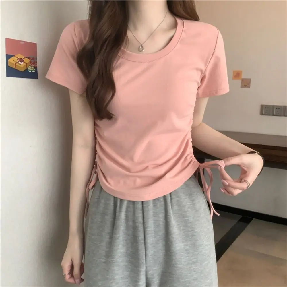 Pullover Drawstring Short-Sleeved T-Shirt Solid Color Simple Square Neck Basic Tees Shirt Ins Style Casual Short Blouse