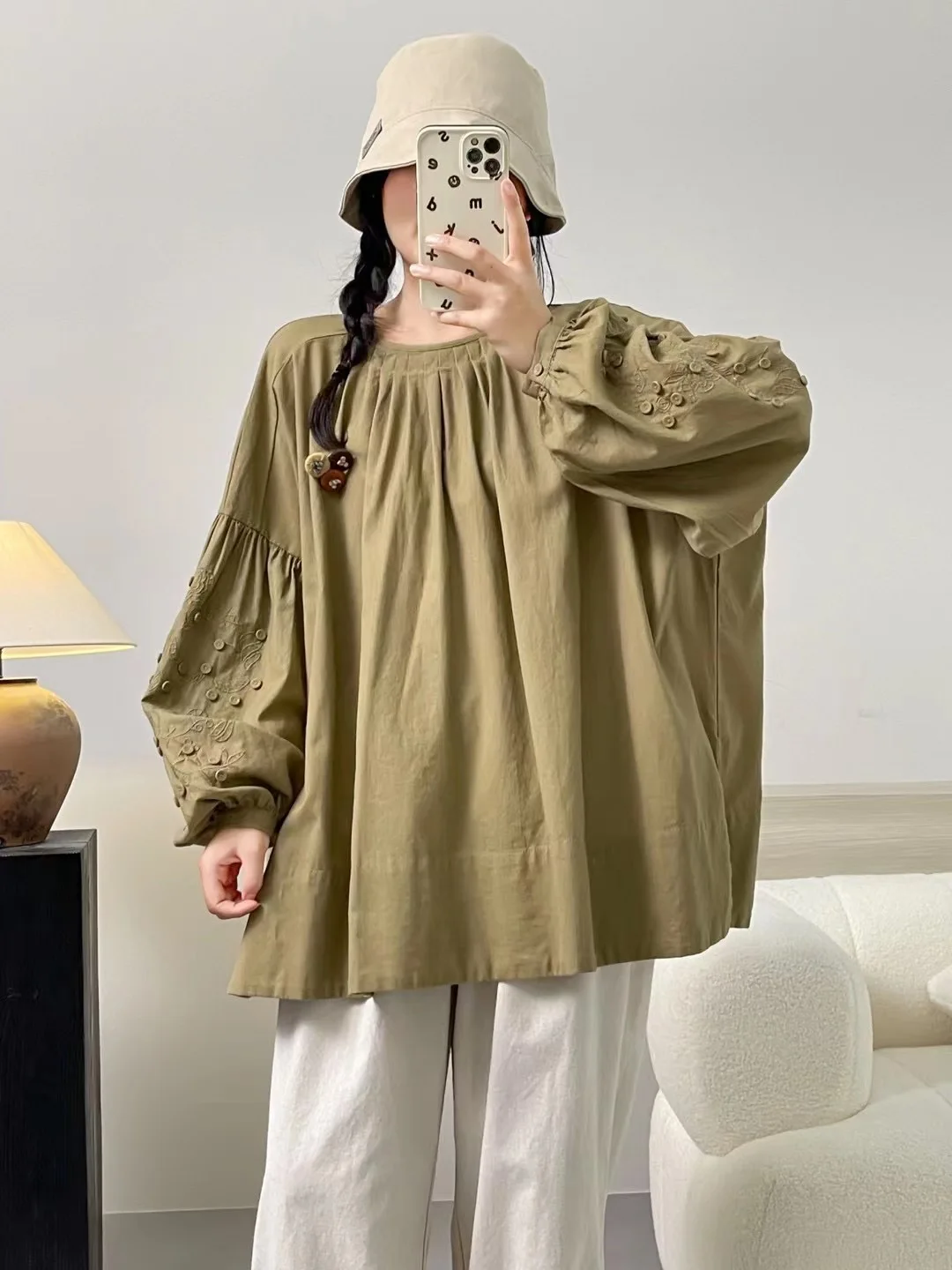 

Japanese Sle Heavy Embroidery Button Floral Patchwork Sve Linen Long Sve Loose Large Size irt Autumn Sweet Sle ro...