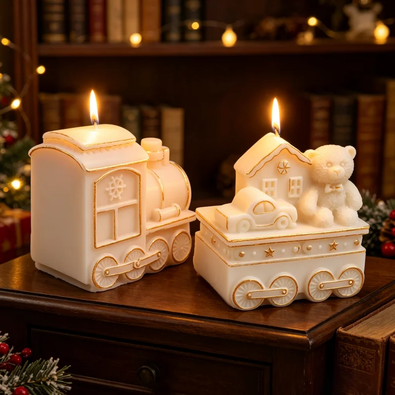 3D-Weihnachtszug-Silikon-Kerzenform, 4 Stile Lebkuchenmann, Bär, Haus, Lokomotive, Schlitten, Wachsform für DIY-Seife und Gips – Detail 3