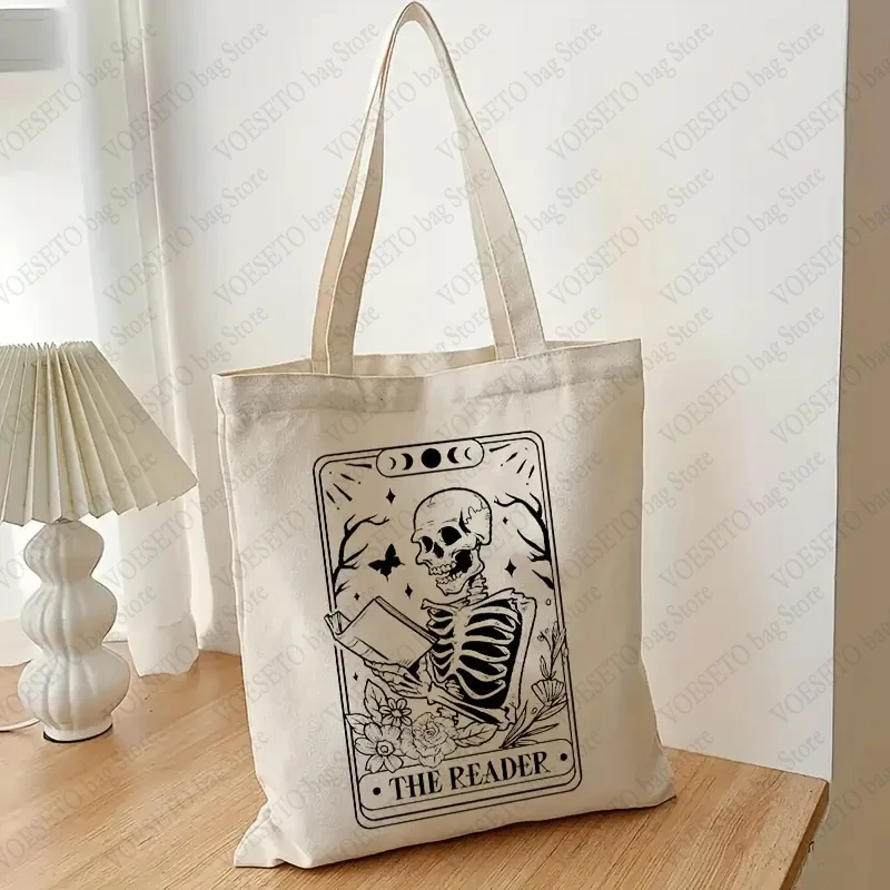 The Reader Skeleton Pattern Canvas Tote Bag Best Gift for Bookish Funny Graphics Shopping Bag for Daily Life Library Book Bags