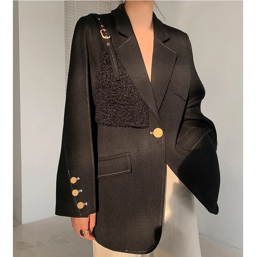 Wool Coat Women Winter 2024 Fashion Pactchwork Black Woolen Female Suit Coats Ladies Blazer Jackets