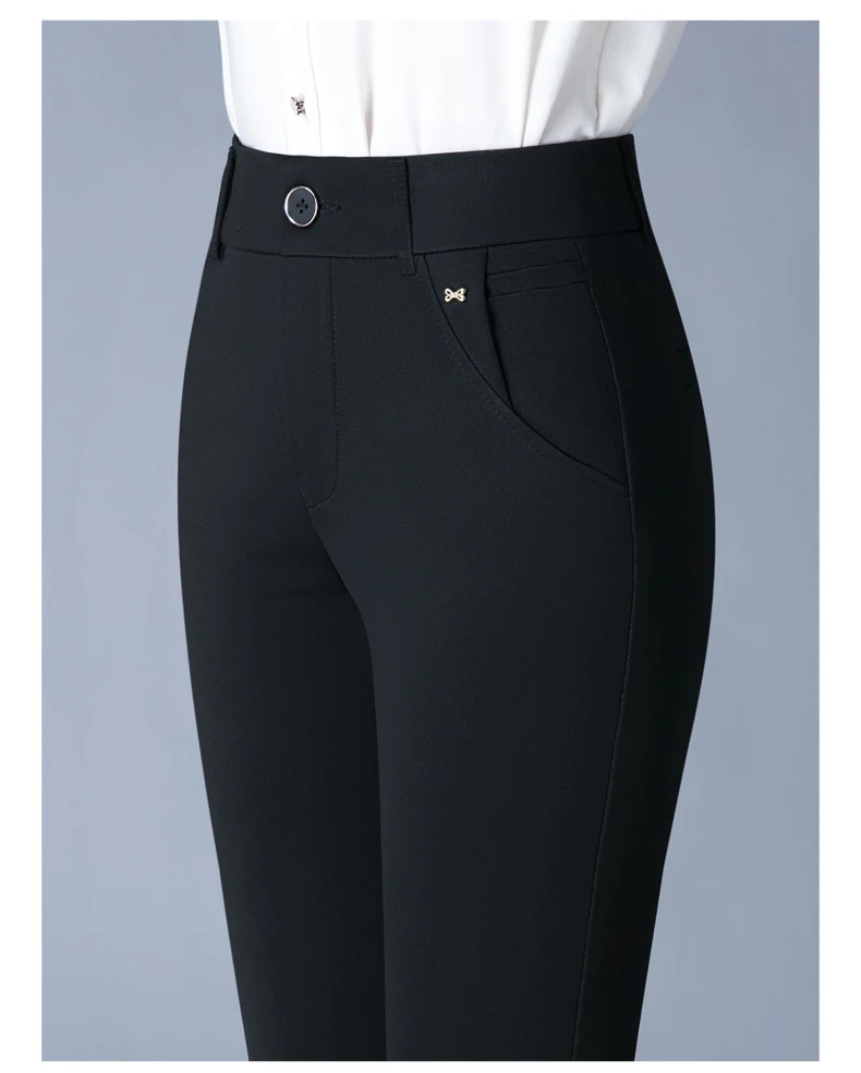 7XL Spring Autumn Casual Button Elastic Mid Waist Black&Navy Blue Straight Trousers Office Lady Quick Drying Suit Pants Female