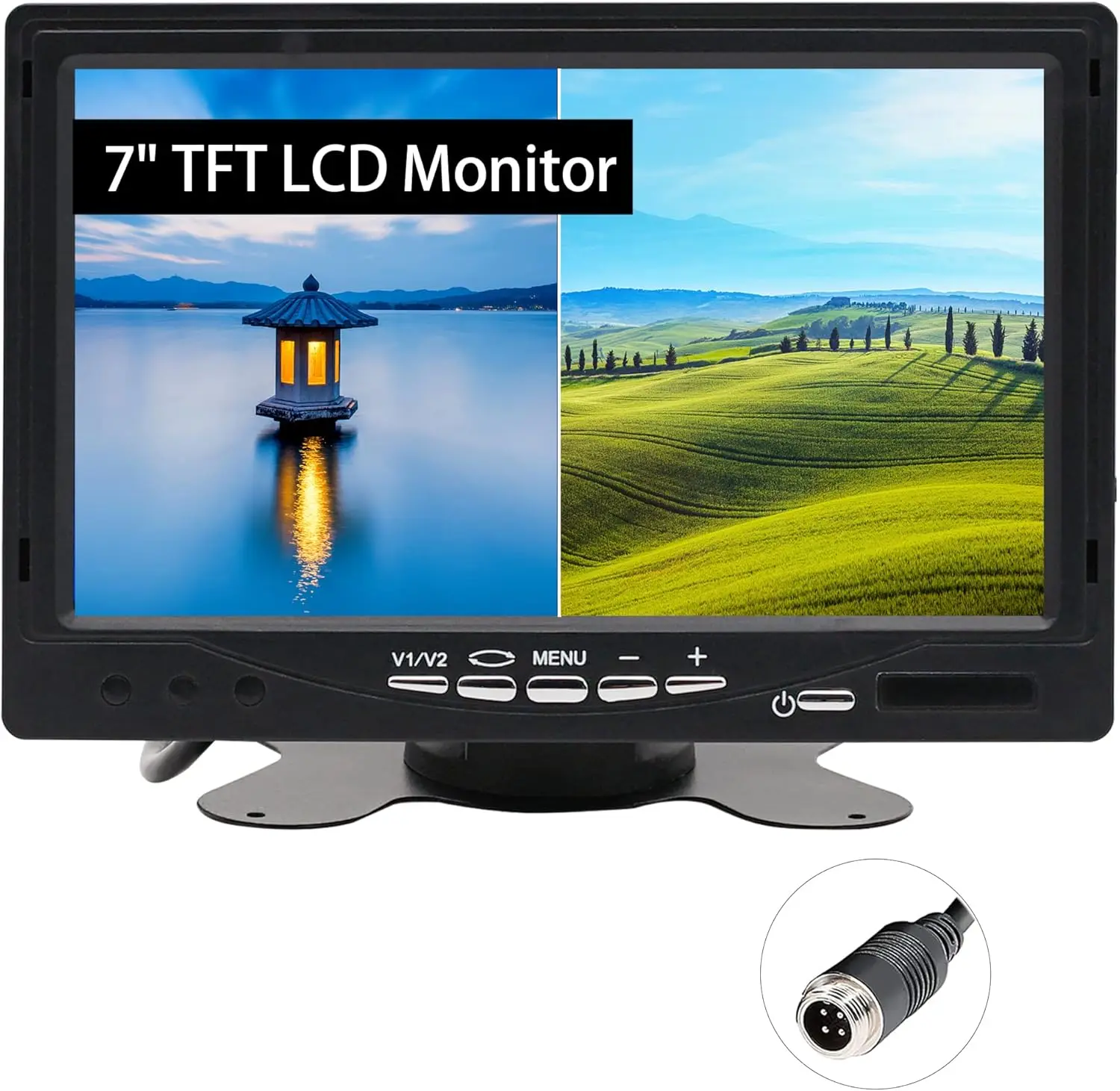 7-calowy monitor samochodowy TFT LCD z funkcją dzielenia ekranu, wejściem wideo 4-pinowym, powłoką antyodblaskową i pilotem do kamery cofania