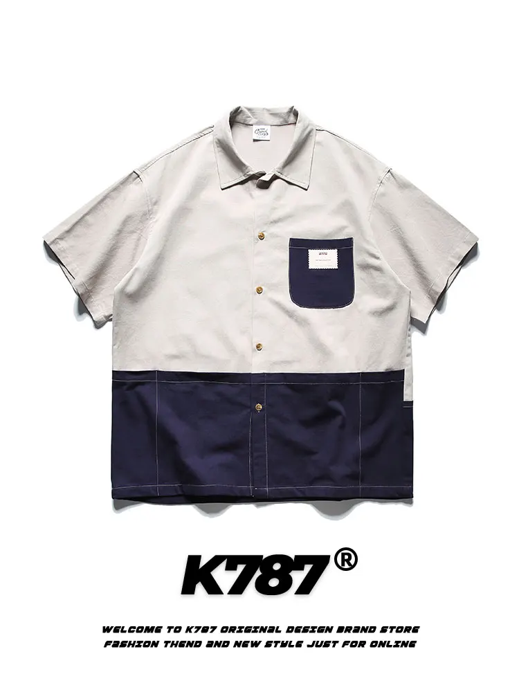 

K787 American Retro Patchwork College Sle Color Blo ort Sve Loose Men's irt Couple's Summer Top Streetwear Hip Hop