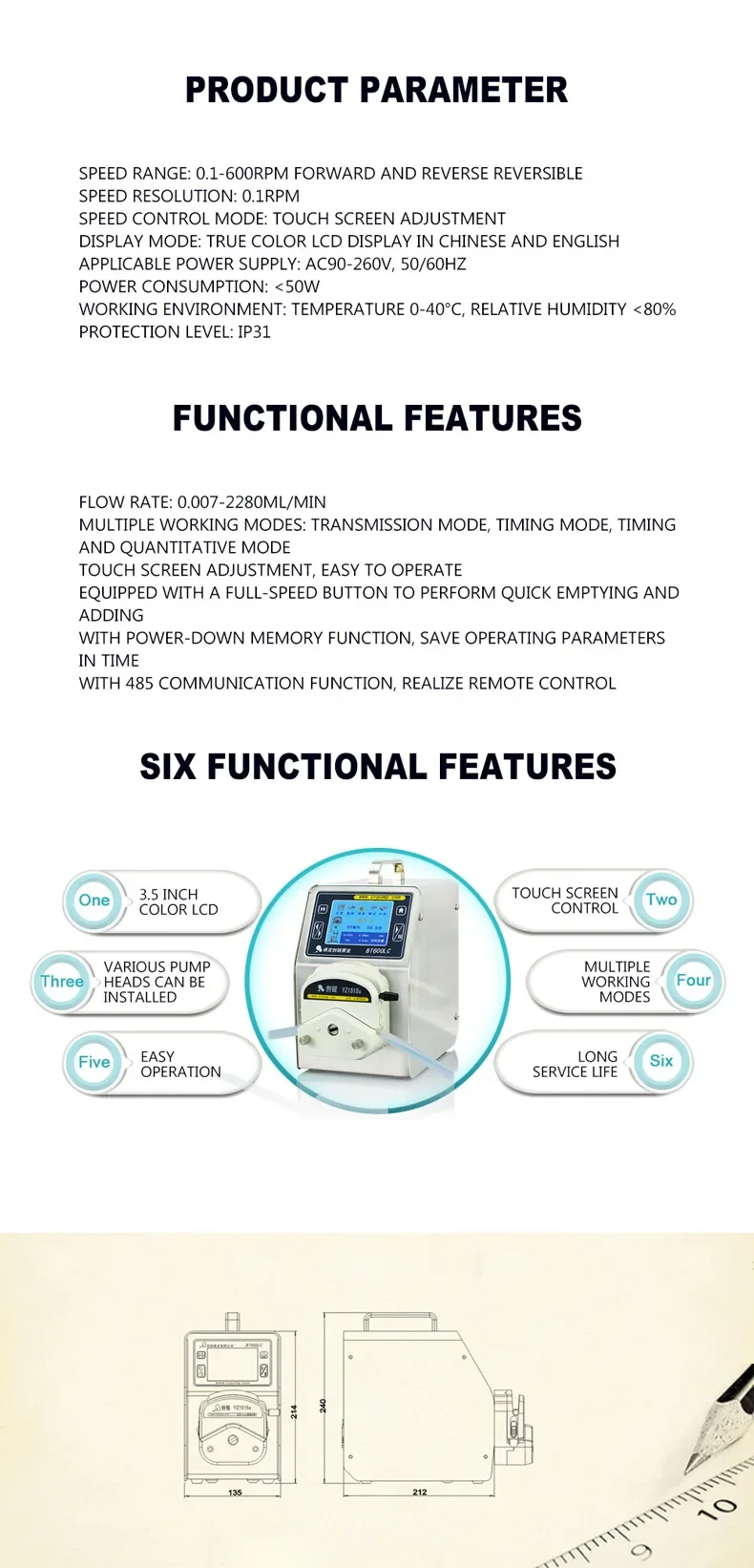 0.007-2280ml/min Laboratory Intelligent Power Off Memory Peristaltic Pump With Silicone Tube For Biologics