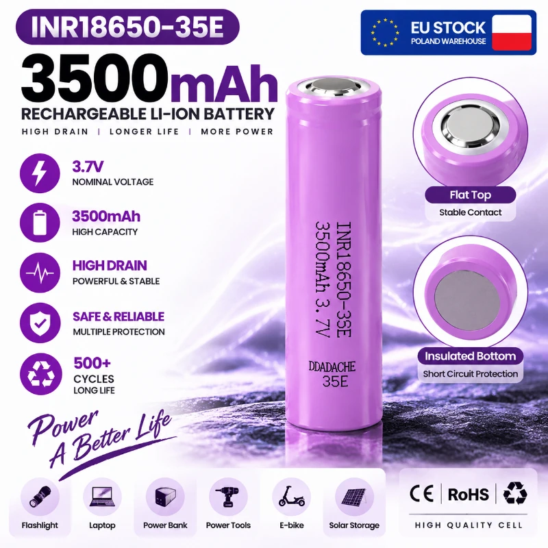 Image of Wiederaufladbare Lithium-Batterie INR18650-35E 3,7V 3500mAh 25A Hochleistungs-18650-Zelle mit echter Kapazität, lange Lebensdauer 500+ Zyklen, Mehrfachschutz für LED-Taschenlampen, Elektrowerkzeuge