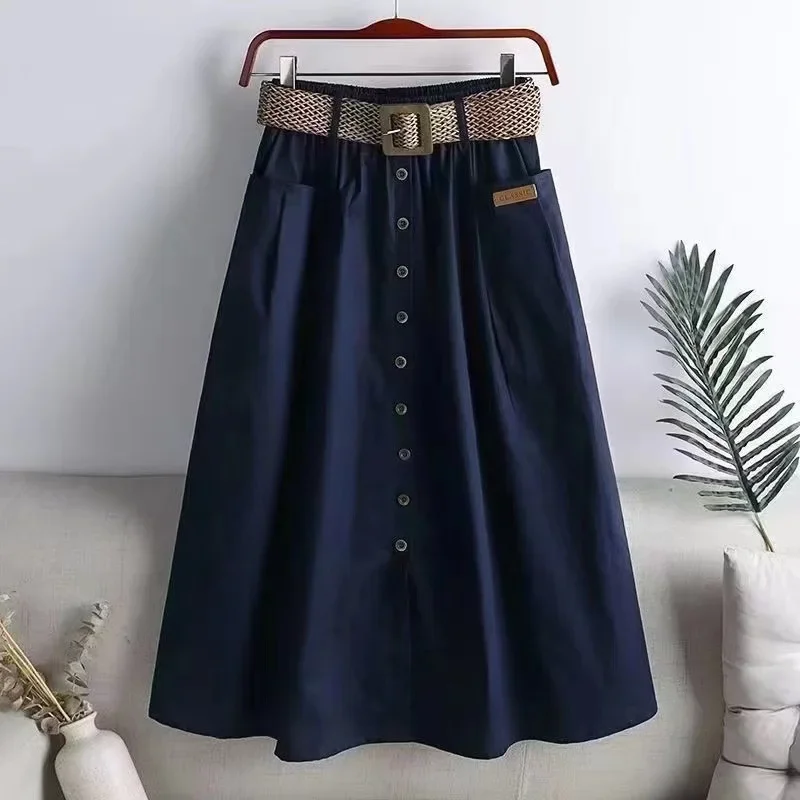 Plus Size New Style Pure Cotton Elastic Waist Slimming Medium-Length Umbrella Skirt With Large Pocket Korean Version For Plus...