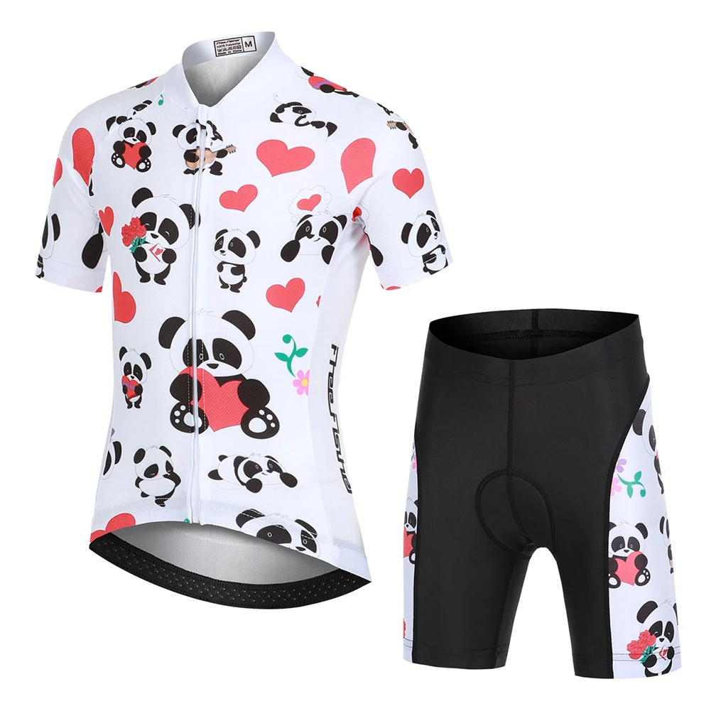 

Summer Girls' Cycling Jersey Set,Short Sleeve Bike Tops+Padded Shorts,Cute Panda Printed Pro Team MTB Road Bicycle Riding Wear
